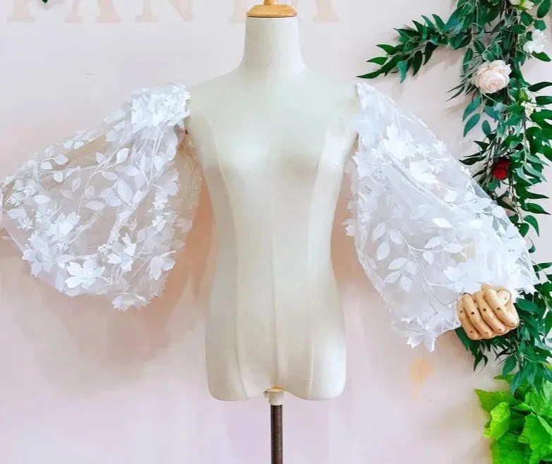 3D Lace Flowers Detachable Puff Sleeves Romantic Long Sleeve Bridal Dress Accessory