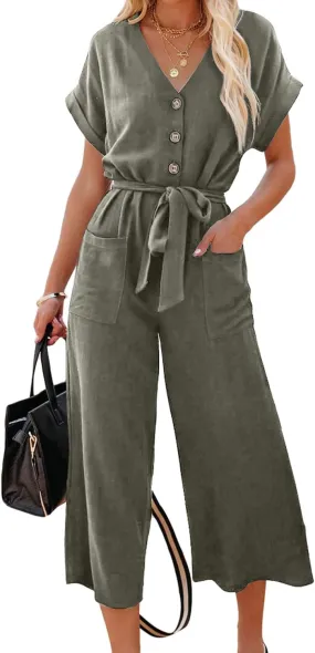 Acelitt Women Casual V Neck Short Sleeve Button Belted Wide Leg Jumpsuits,S-XXL