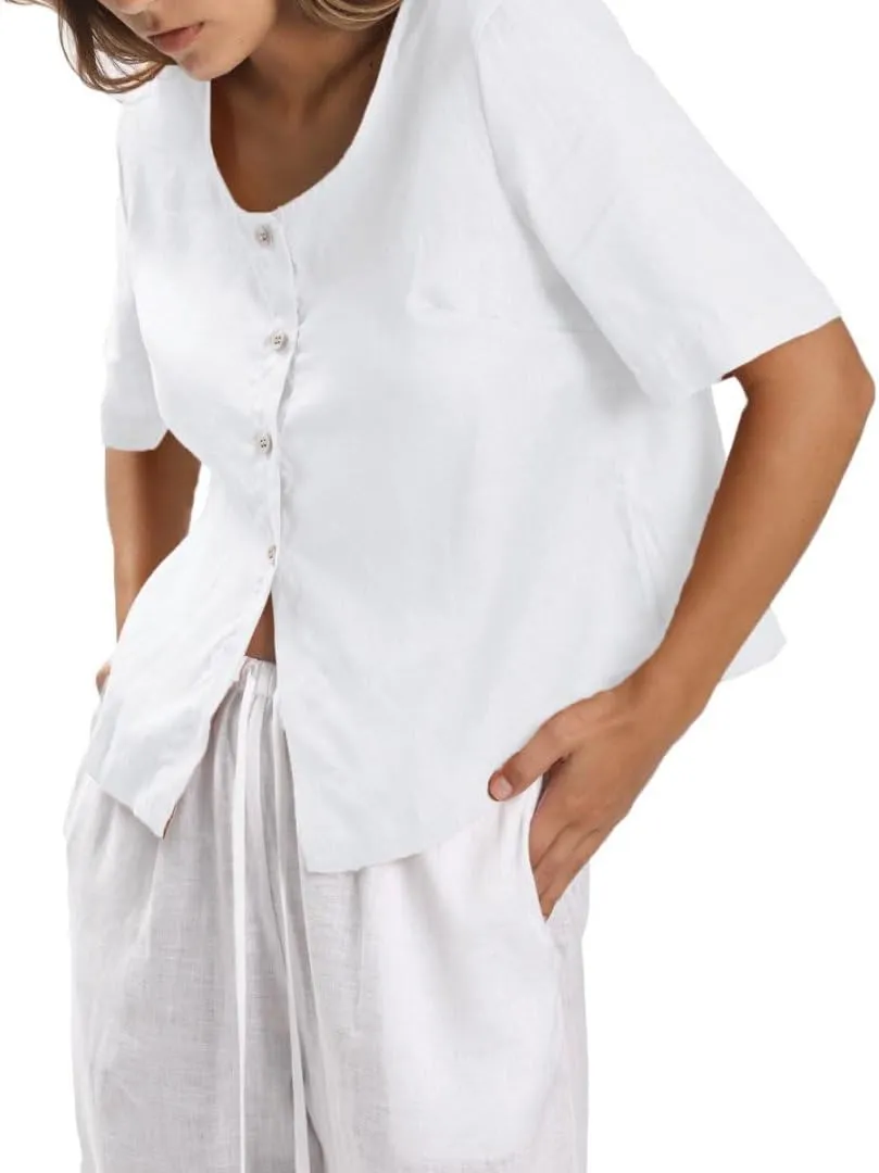 Amazhiyu Womens 100% Linen Short Sleeve Blouse Square Neck Button Down Crop Tops