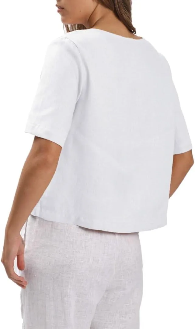 Amazhiyu Womens 100% Linen Short Sleeve Blouse Square Neck Button Down Crop Tops