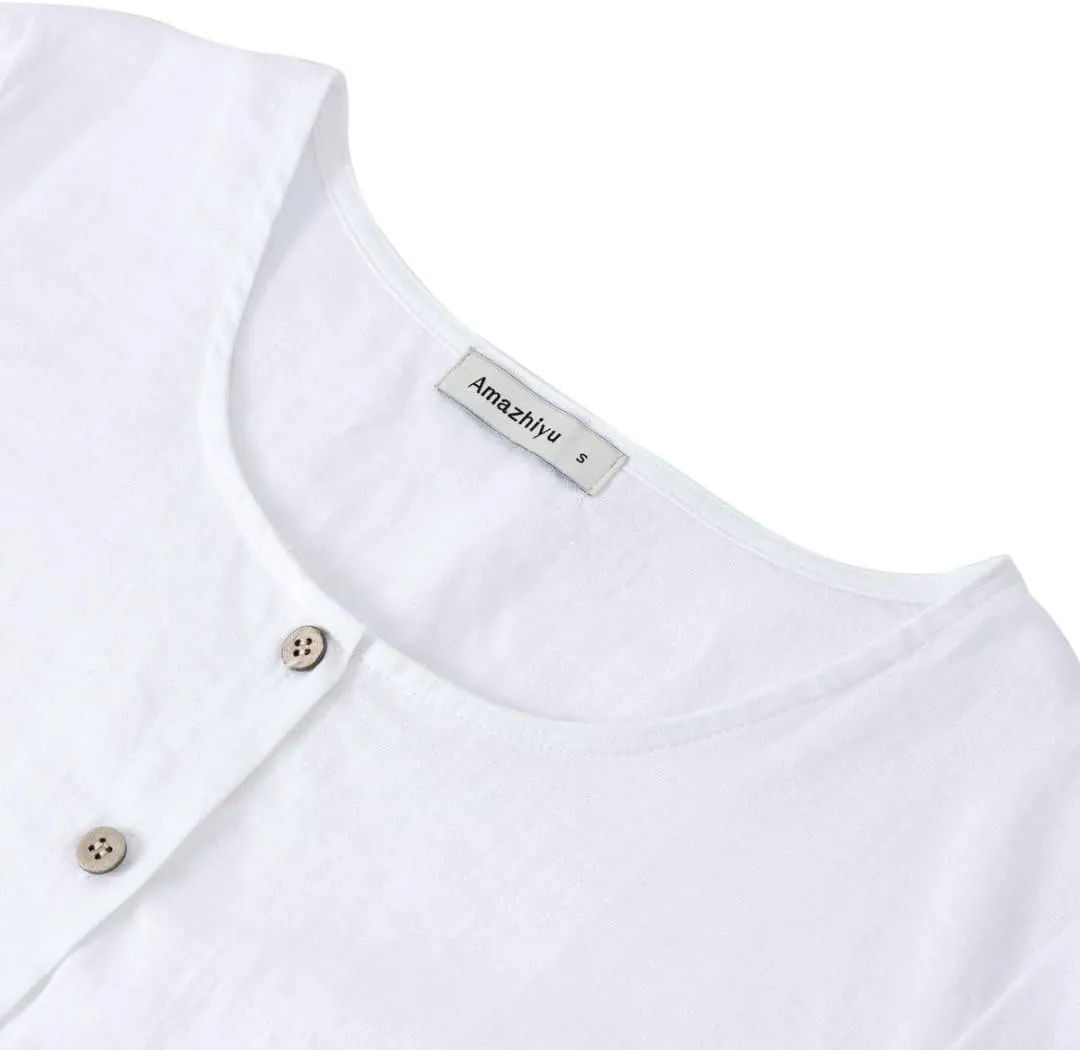 Amazhiyu Womens 100% Linen Short Sleeve Blouse Square Neck Button Down Crop Tops