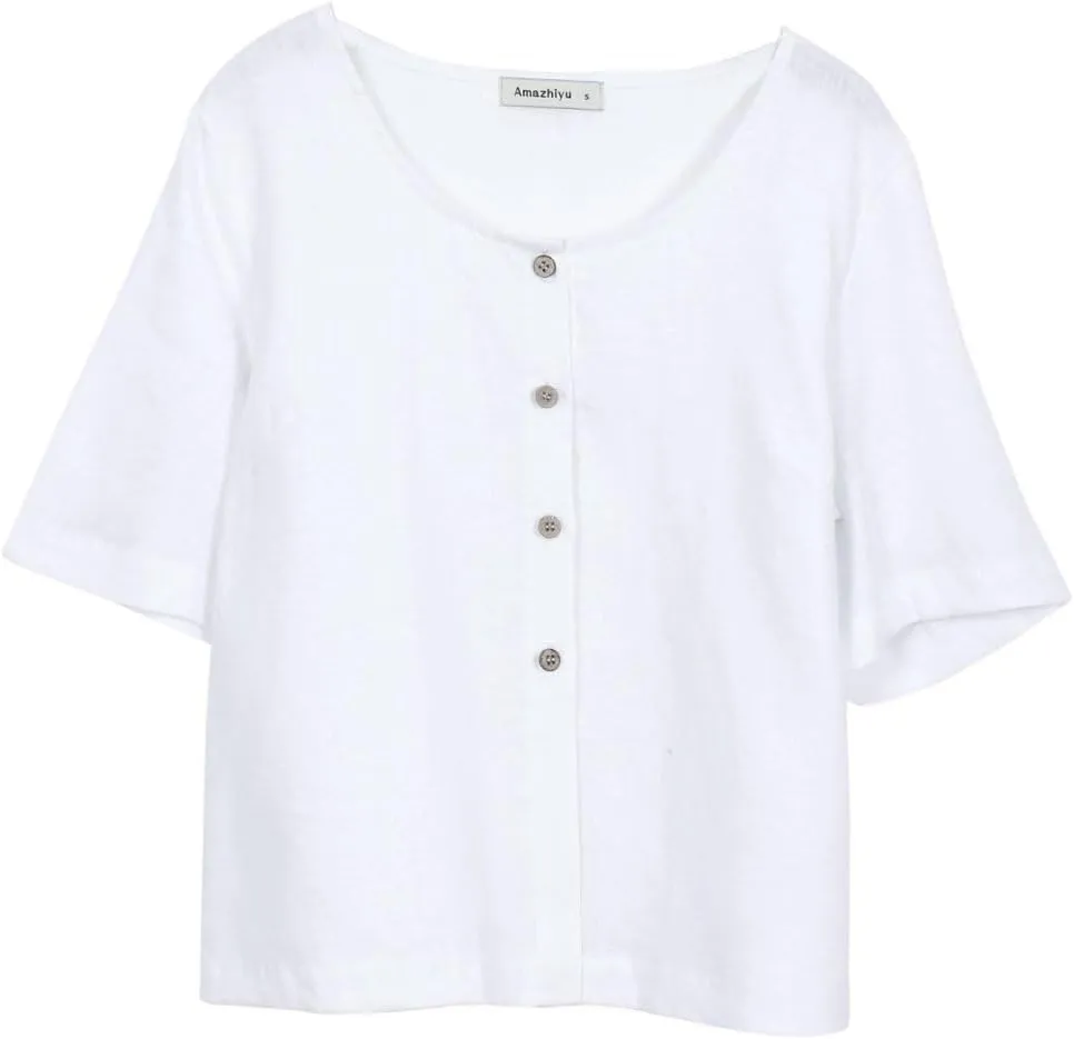 Amazhiyu Womens 100% Linen Short Sleeve Blouse Square Neck Button Down Crop Tops