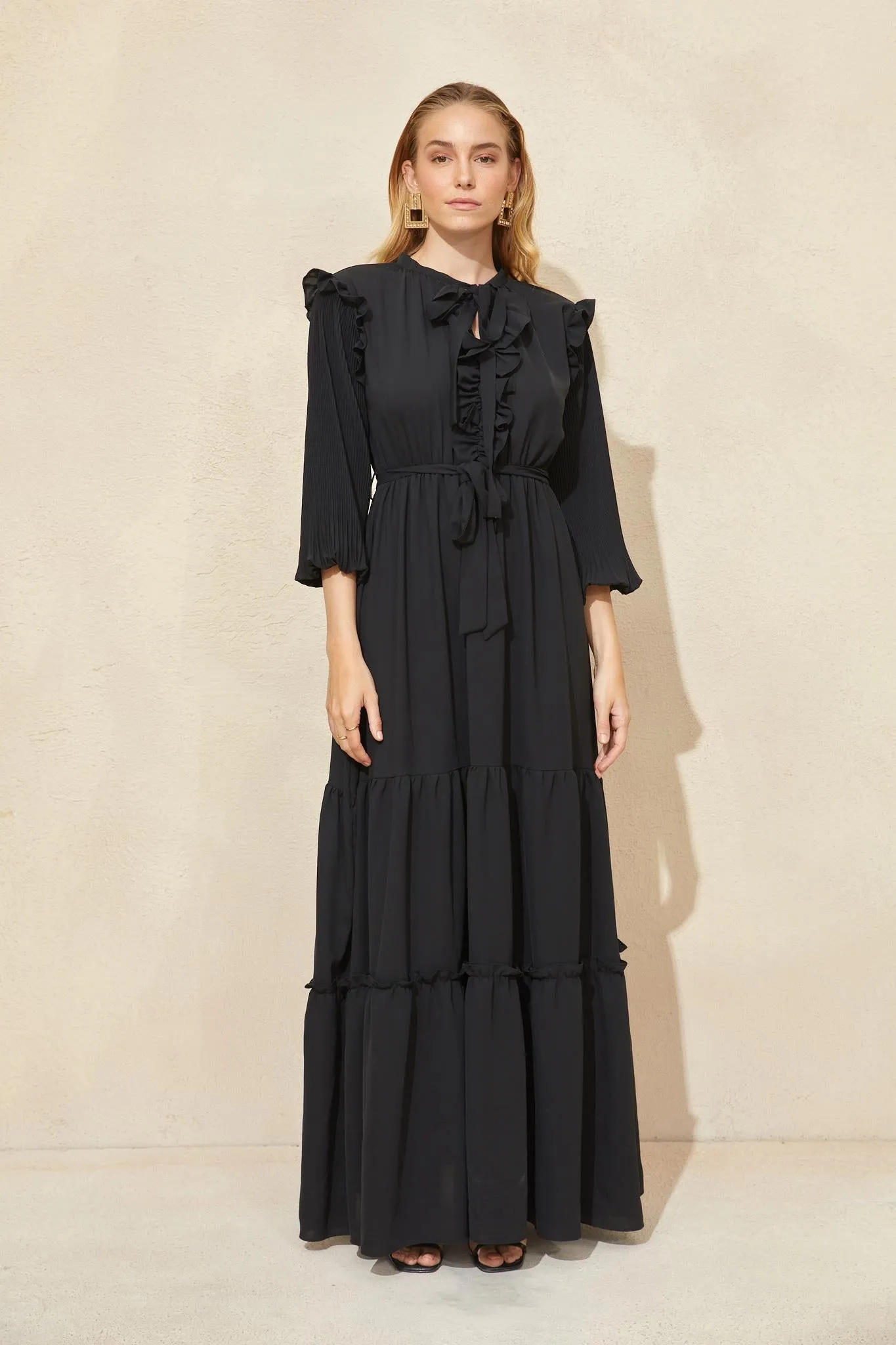 Black Neck Bow Frill Detail Maxi Dress