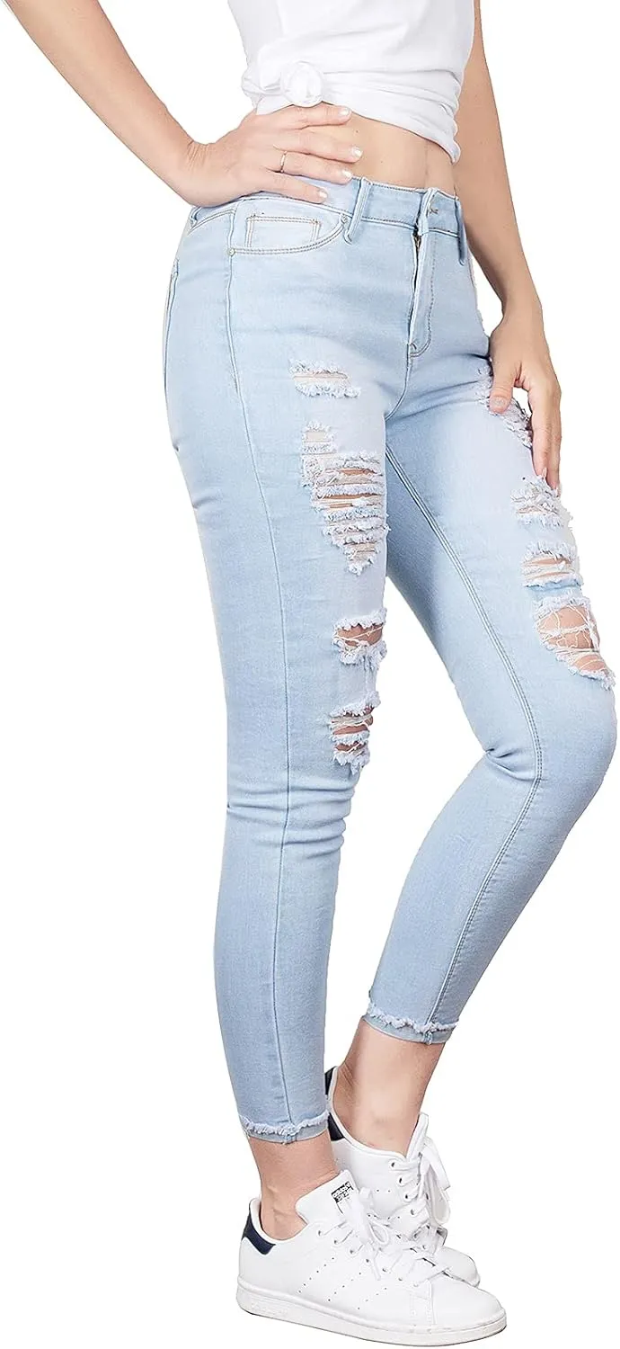 BodiLove Women's Stretchy 5 Pocket Skinny Distressed Denim Jeans