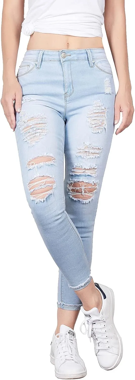BodiLove Women's Stretchy 5 Pocket Skinny Distressed Denim Jeans