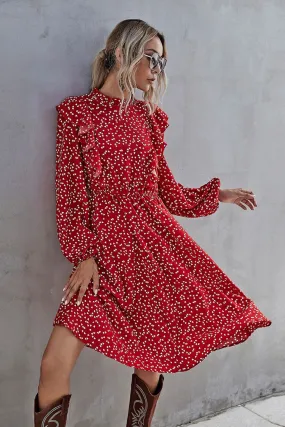 Boho Midi Dress, Ruffle Polkadot in Red Mini Heart
