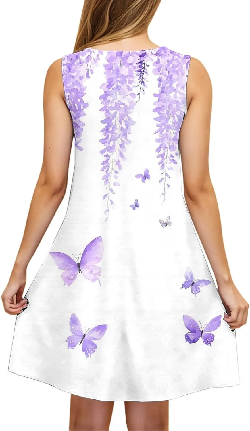 Butterfly Print Sleeveless Sundress for Women Scoop Neck Casual A-Line Mini Dress with Pockets Summer Dress