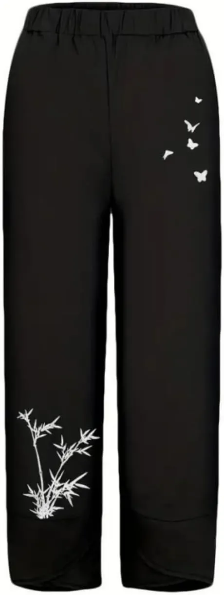Capris Pants for Womens Cotton Linen Wide Leg Plus Size Cropped Pants Print Comfy Elastic Waist Sweatpants