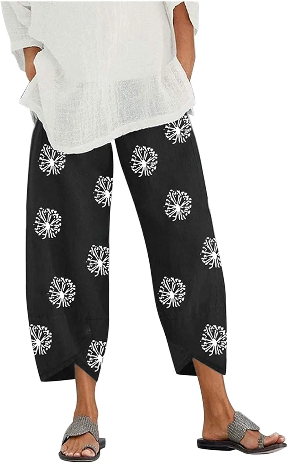 Capris Pants for Womens Cotton Linen Wide Leg Plus Size Cropped Pants Print Comfy Elastic Waist Sweatpants