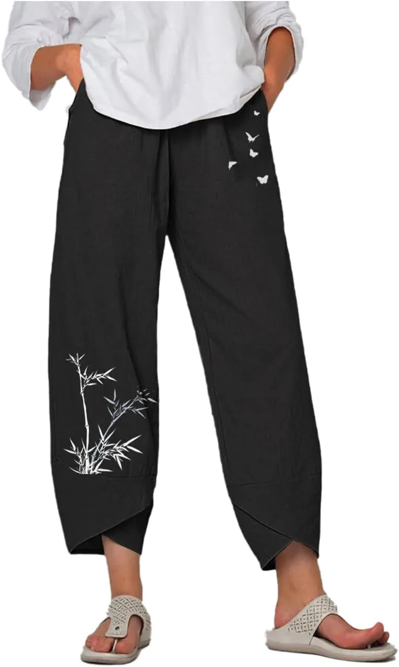 Capris Pants for Womens Cotton Linen Wide Leg Plus Size Cropped Pants Print Comfy Elastic Waist Sweatpants