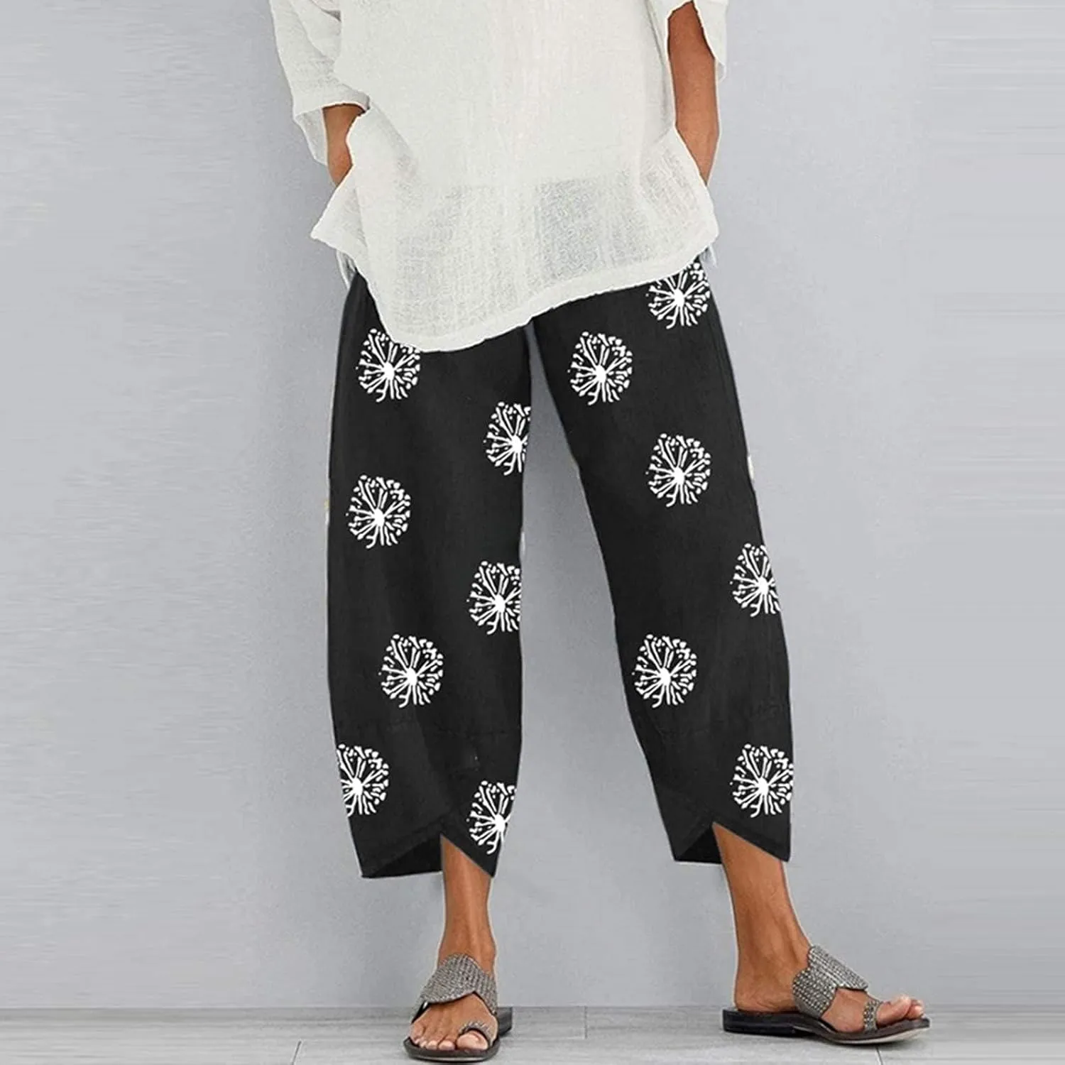 Capris Pants for Womens Cotton Linen Wide Leg Plus Size Cropped Pants Print Comfy Elastic Waist Sweatpants