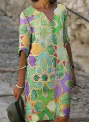Casual Color Block Tunic V-Neckline A-line Dress