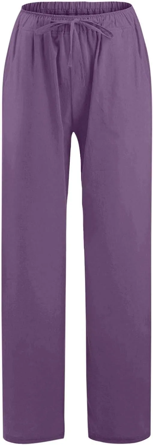 Casual Pants for Women Summer Solid Color Drawstring Elastic Waist Straight Leg Relaxed Comfy Long Trouser