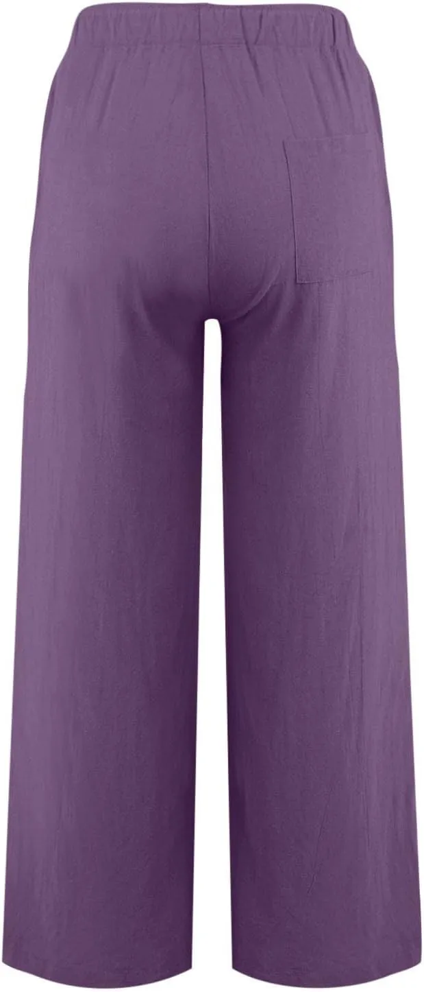 Casual Pants for Women Summer Solid Color Drawstring Elastic Waist Straight Leg Relaxed Comfy Long Trouser