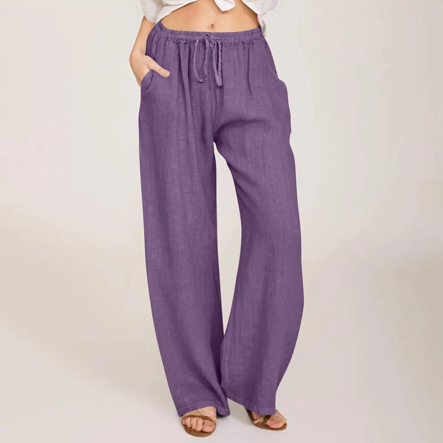 Casual Pants for Women Summer Solid Color Drawstring Elastic Waist Straight Leg Relaxed Comfy Long Trouser