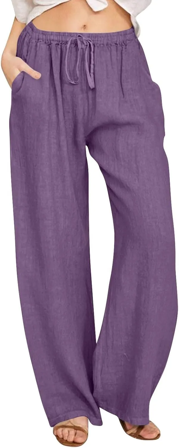 Casual Pants for Women Summer Solid Color Drawstring Elastic Waist Straight Leg Relaxed Comfy Long Trouser