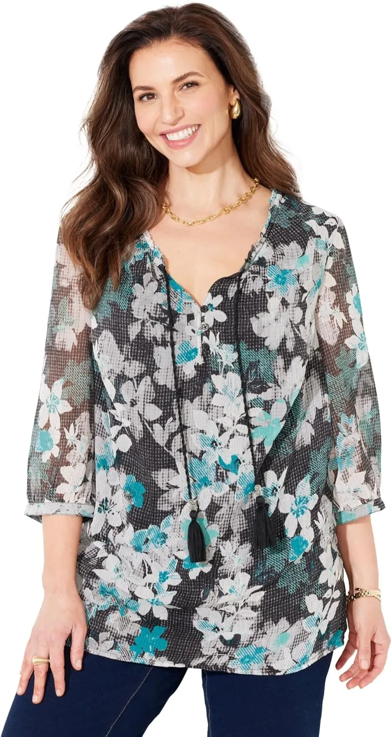 Catherines Women's Plus Size Petite Ruffle Neck Peasant Blouse