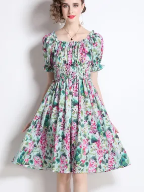 Convertible Off Shoulder Stretchable High Waist Floral Printed Midi Boho Dress