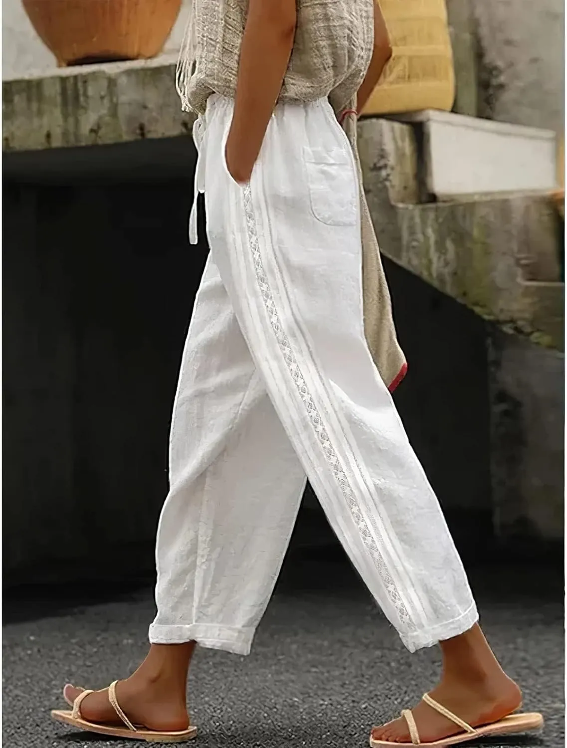 Costaric Casual Linen Pants Women's Summer Elastic Waist Crop Pants Straight Leg Beach Trousers with Pockets Relaxed Fit