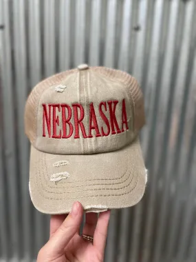 Distressed Bold Nebraska Ponytail Hat