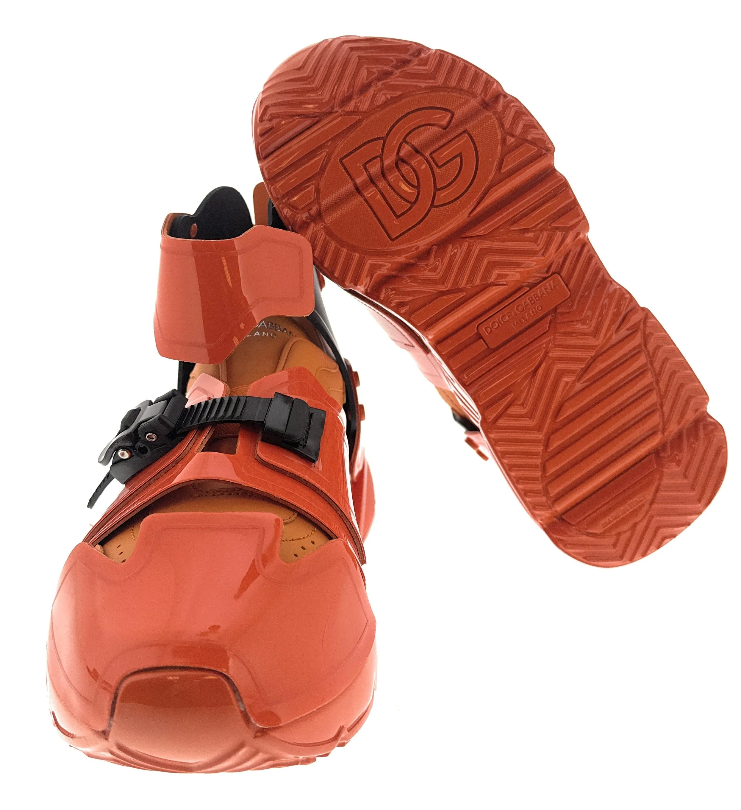Dolce & Gabbana Men's Orange Tech High-Top Sneakers with Buckle Straps-EU41