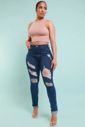 Don't Blame Me High Rise Distressed Stretchy Jeans - Dark Wash