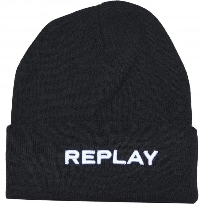 Embroidered Logo Beanie Hat, Black