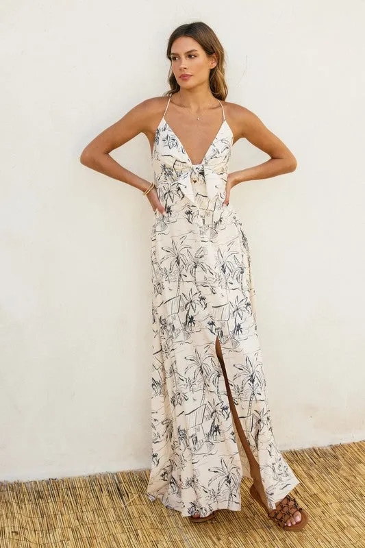 Faye Sleeveless Back Tie  Palm Print Linen Maxi Dress White