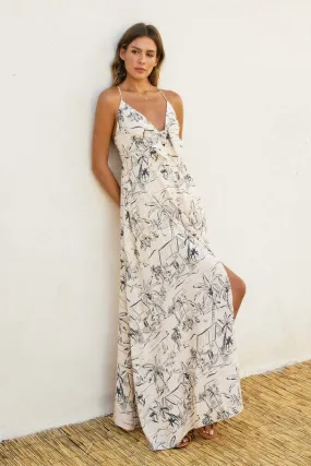 Faye Sleeveless Back Tie  Palm Print Linen Maxi Dress White
