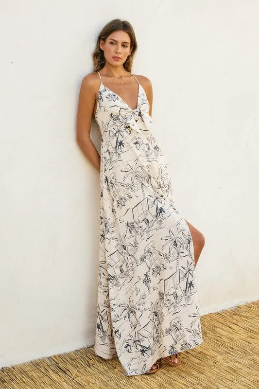 Faye Sleeveless Back Tie  Palm Print Linen Maxi Dress White