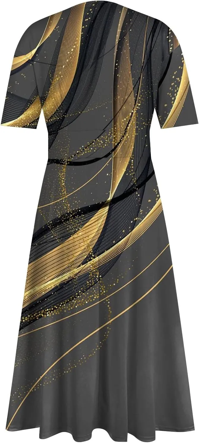 FlekmanArt Maxi Dress for Women Printing Short Sleeve Swing Dress Waist V Neck Maxi Dress A-Line Elegant Beach Dress