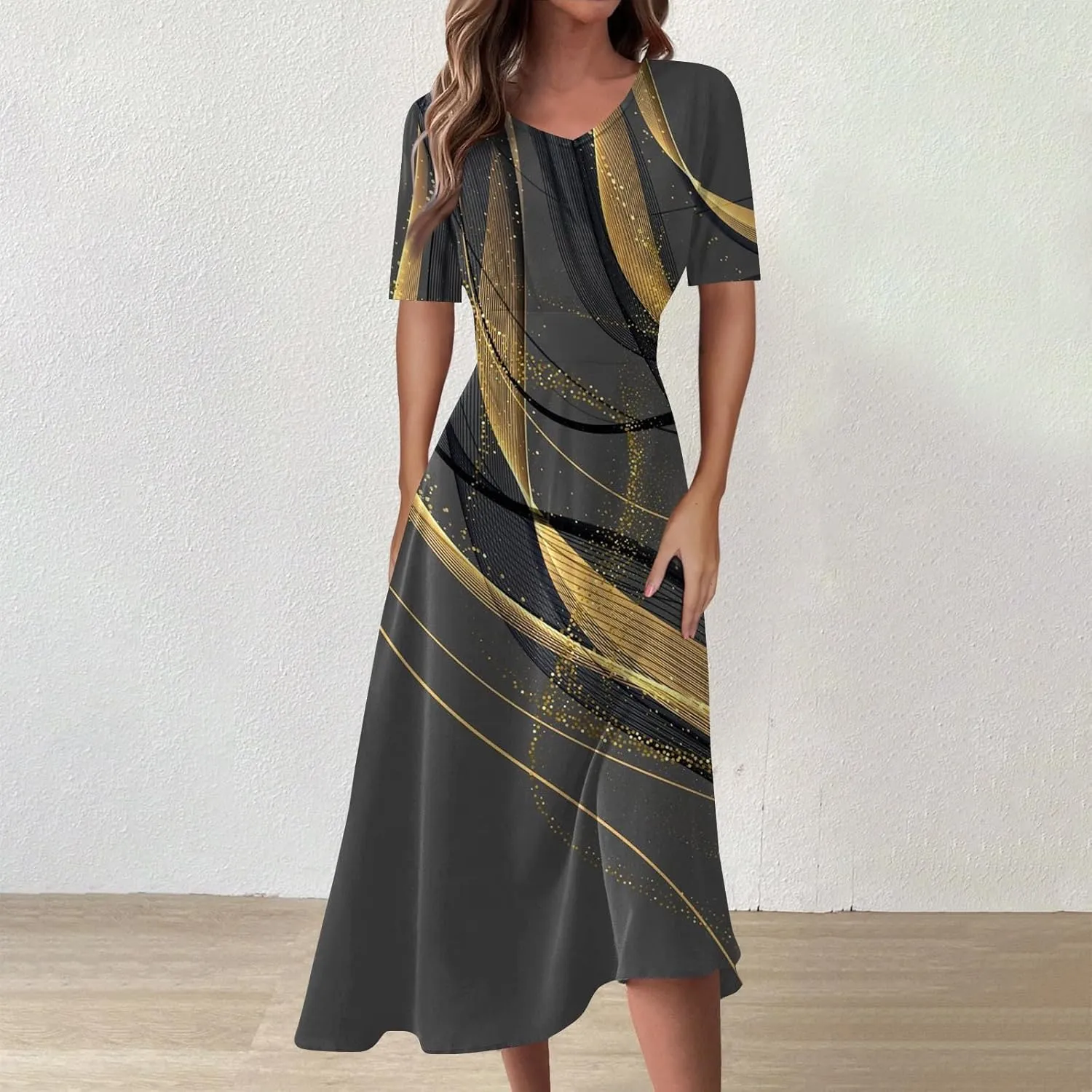FlekmanArt Maxi Dress for Women Printing Short Sleeve Swing Dress Waist V Neck Maxi Dress A-Line Elegant Beach Dress