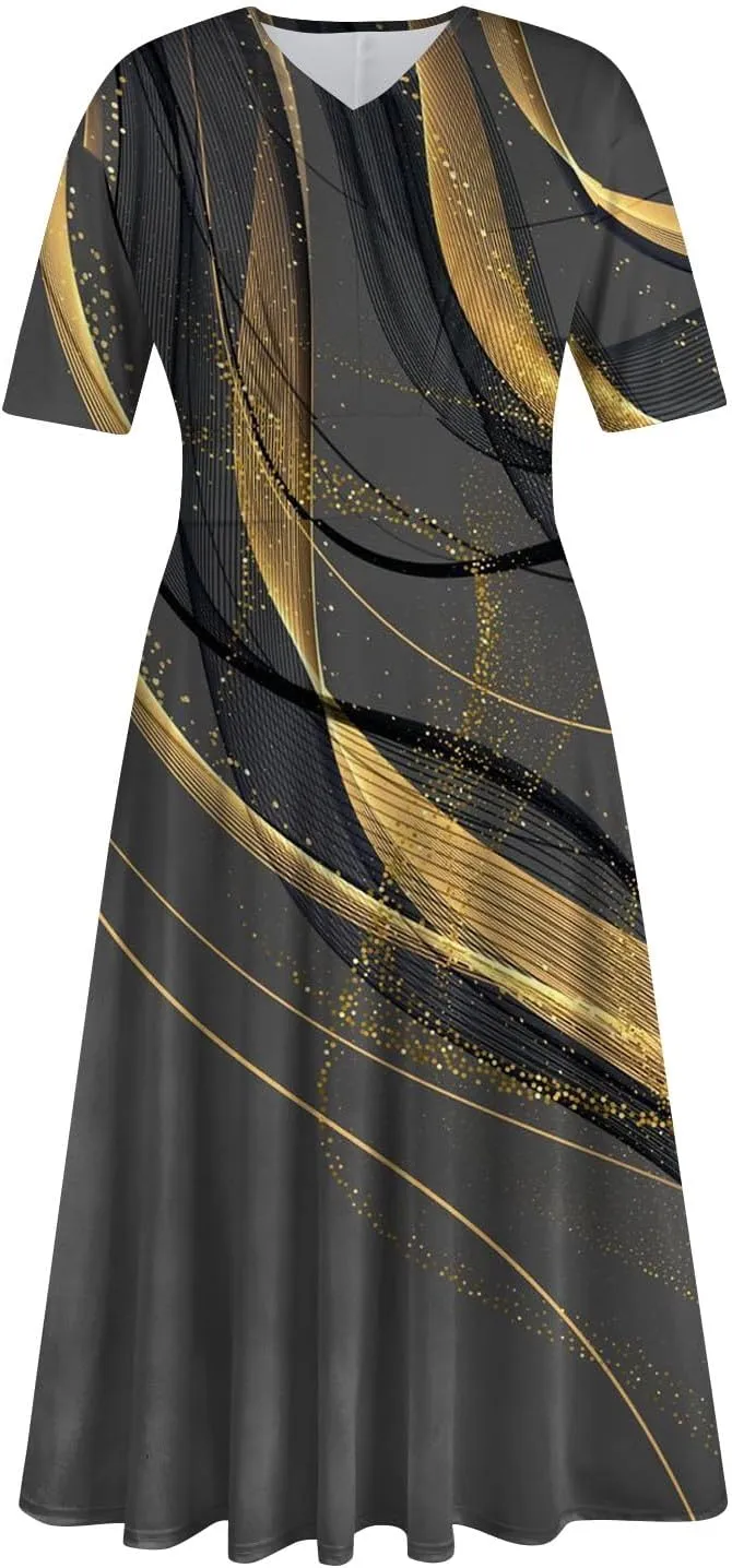 FlekmanArt Maxi Dress for Women Printing Short Sleeve Swing Dress Waist V Neck Maxi Dress A-Line Elegant Beach Dress