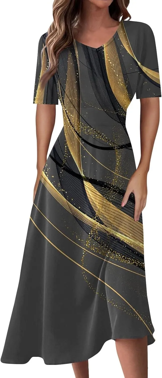 FlekmanArt Maxi Dress for Women Printing Short Sleeve Swing Dress Waist V Neck Maxi Dress A-Line Elegant Beach Dress