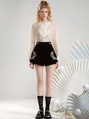 Flower Embroidery Chic Flare Short-Pants