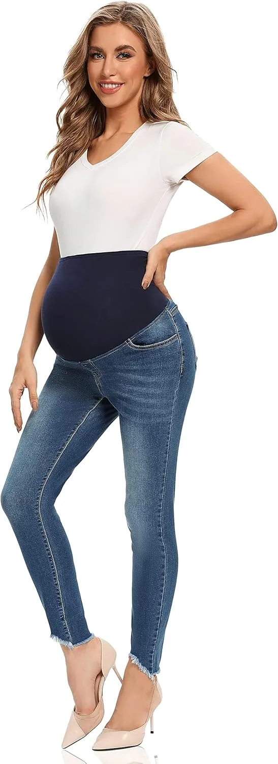 Foucome Women's Maternity Jeans Over The Belly Comfy Stretch Slim Jeggings Pregnancy Pants with Pockets