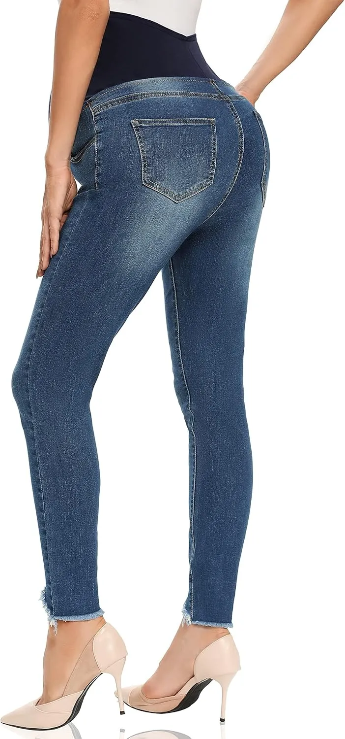 Foucome Women's Maternity Jeans Over The Belly Comfy Stretch Slim Jeggings Pregnancy Pants with Pockets