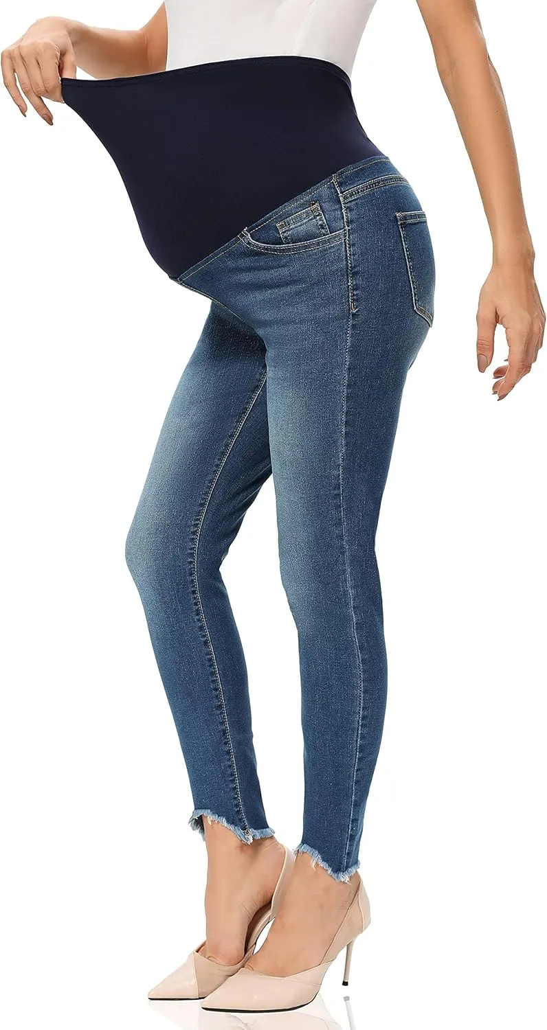 Foucome Women's Maternity Jeans Over The Belly Comfy Stretch Slim Jeggings Pregnancy Pants with Pockets