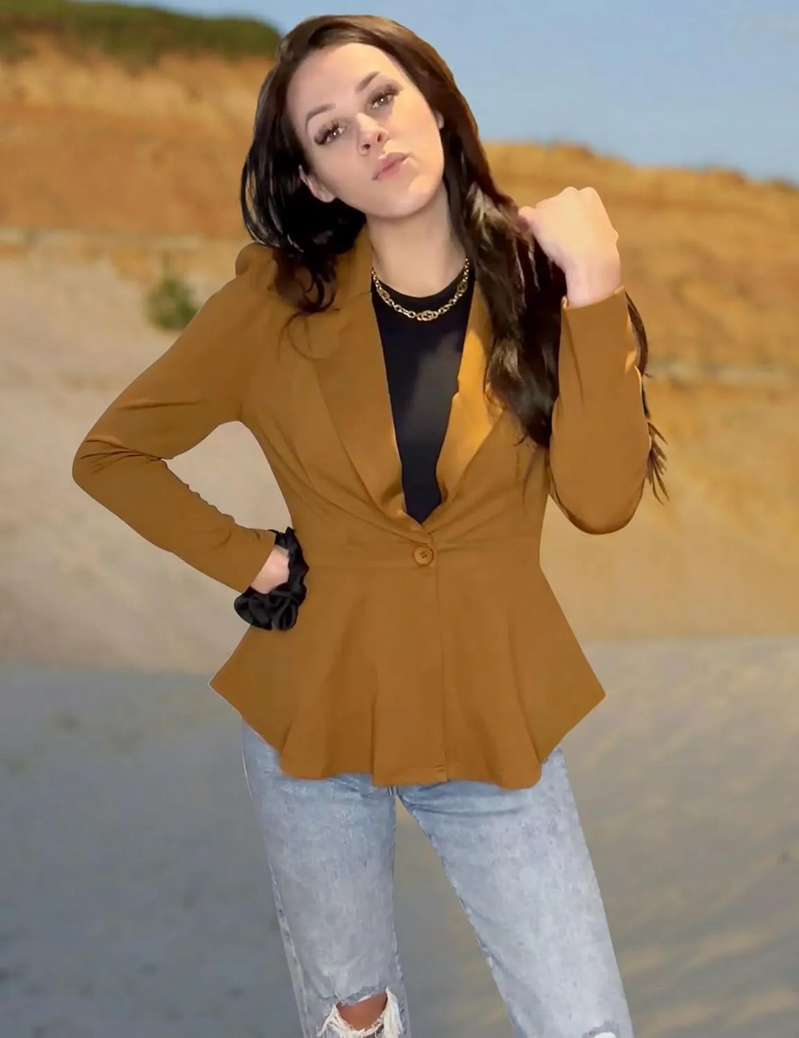 Genhoo Women's Business Casual Blazer Jackets Dressy Puff Sleeve Single Button Peplum Comfy Work Office Blazers