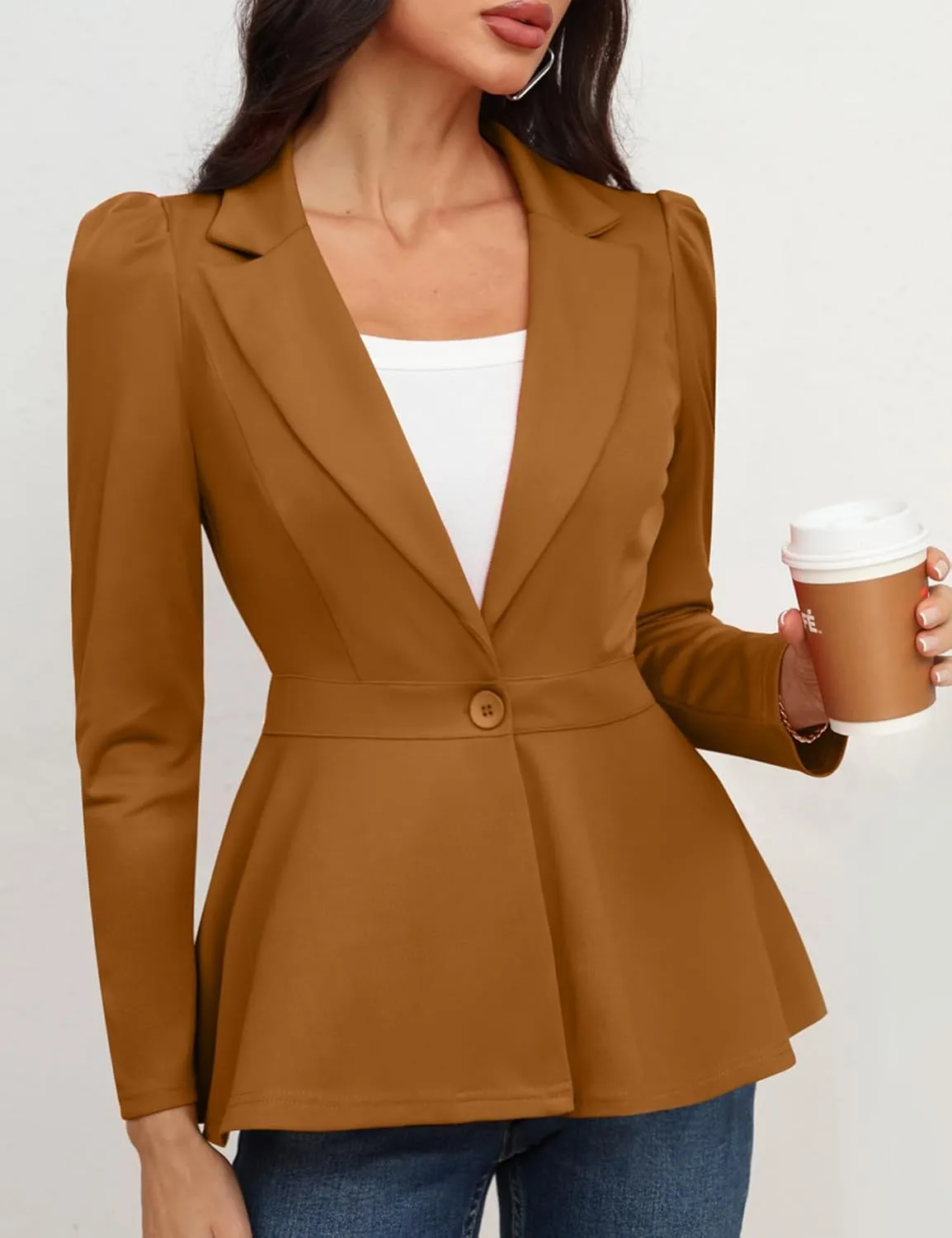 Genhoo Women's Business Casual Blazer Jackets Dressy Puff Sleeve Single Button Peplum Comfy Work Office Blazers