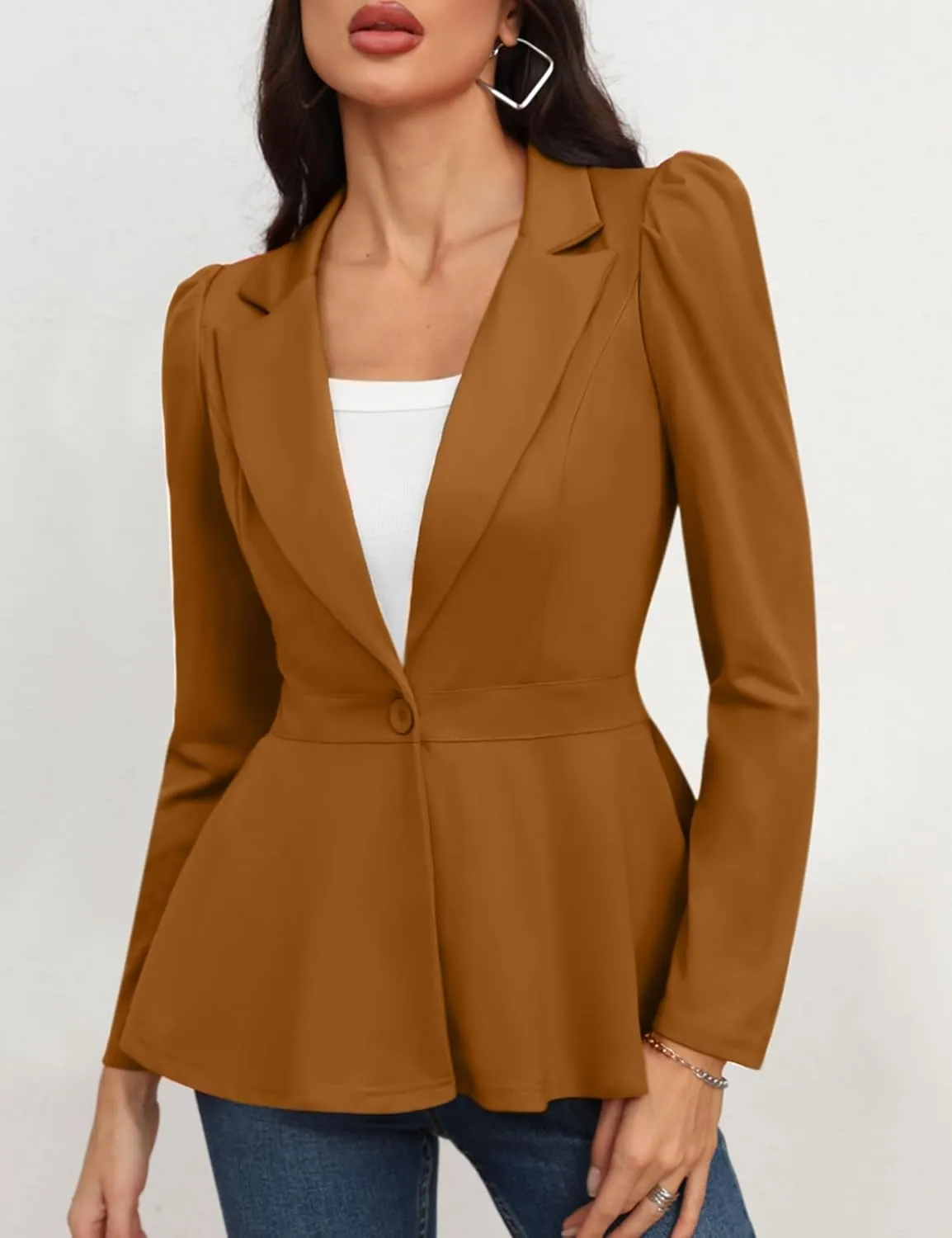 Genhoo Women's Business Casual Blazer Jackets Dressy Puff Sleeve Single Button Peplum Comfy Work Office Blazers