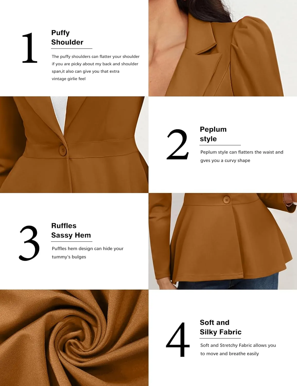 Genhoo Women's Business Casual Blazer Jackets Dressy Puff Sleeve Single Button Peplum Comfy Work Office Blazers