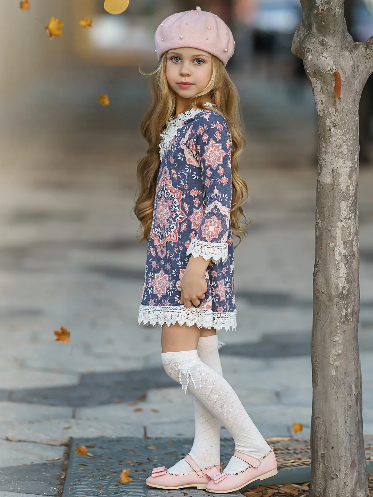 Girls Crochet Bib, Hem And Sleeve Boho Dress