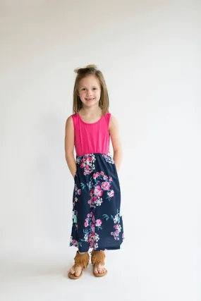 Girls Hot Pink and Navy Floral Maxi Dress