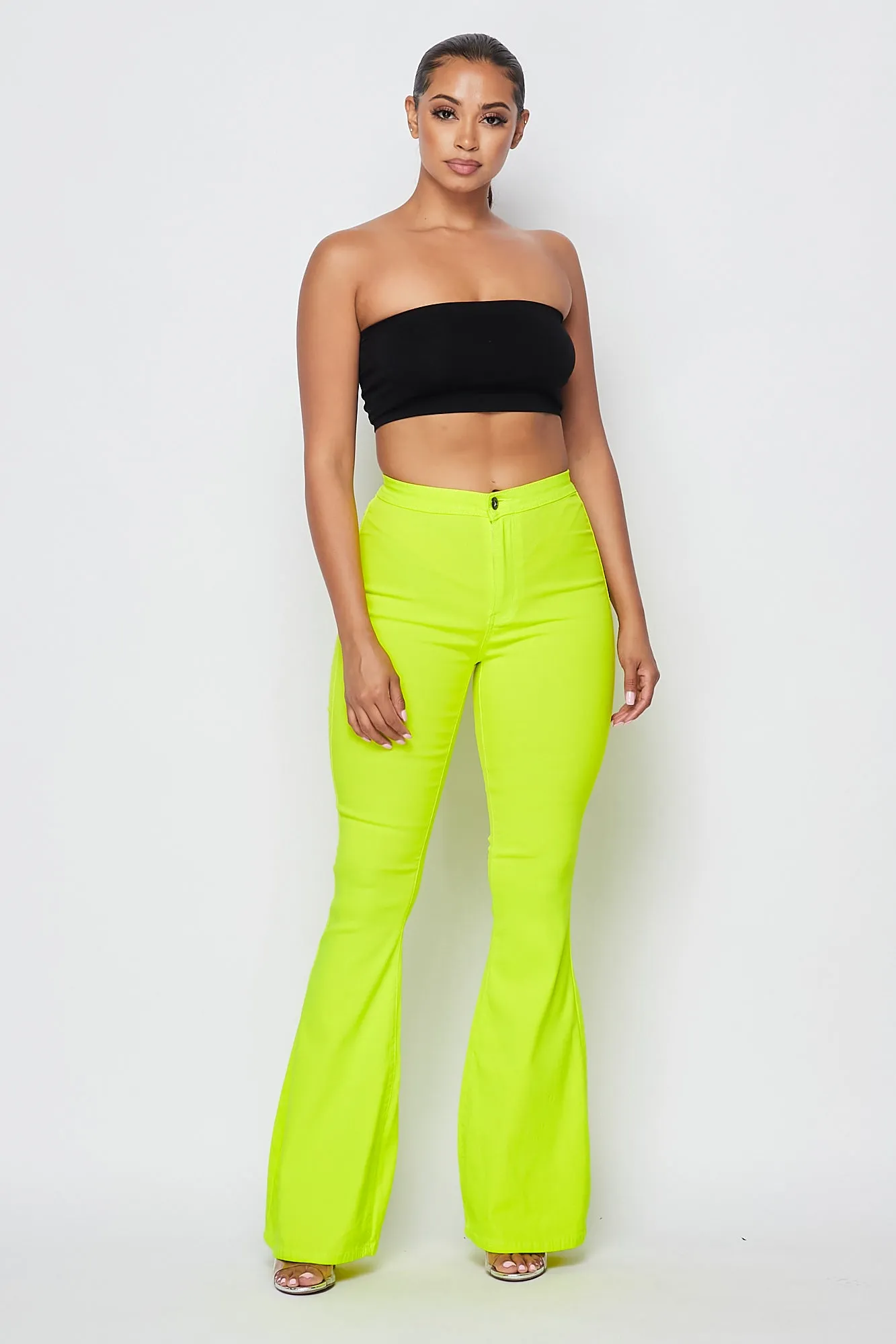 High Waisted Stretchy Bell Bottom Jeans - Neon Yellow