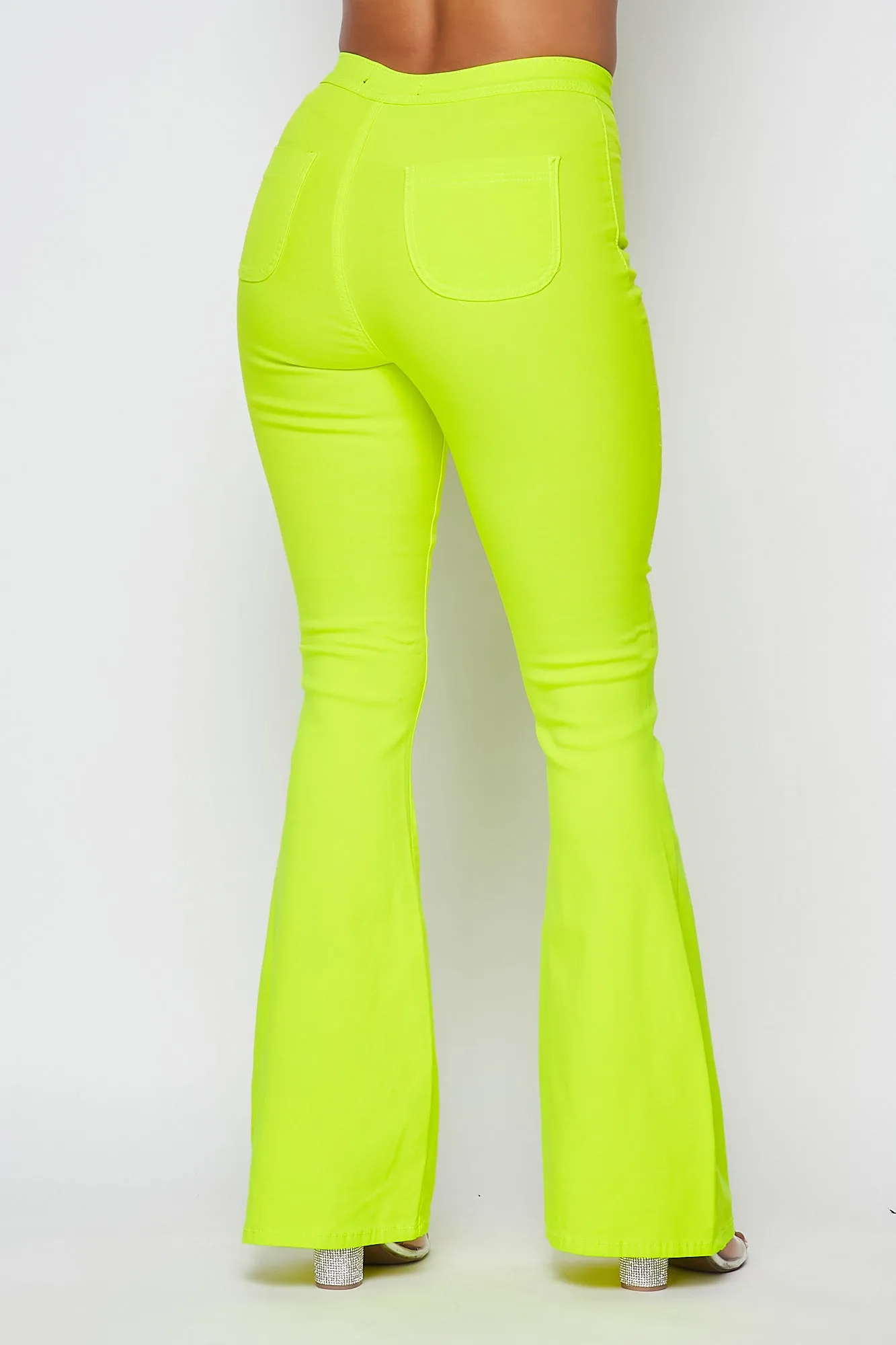 High Waisted Stretchy Bell Bottom Jeans - Neon Yellow