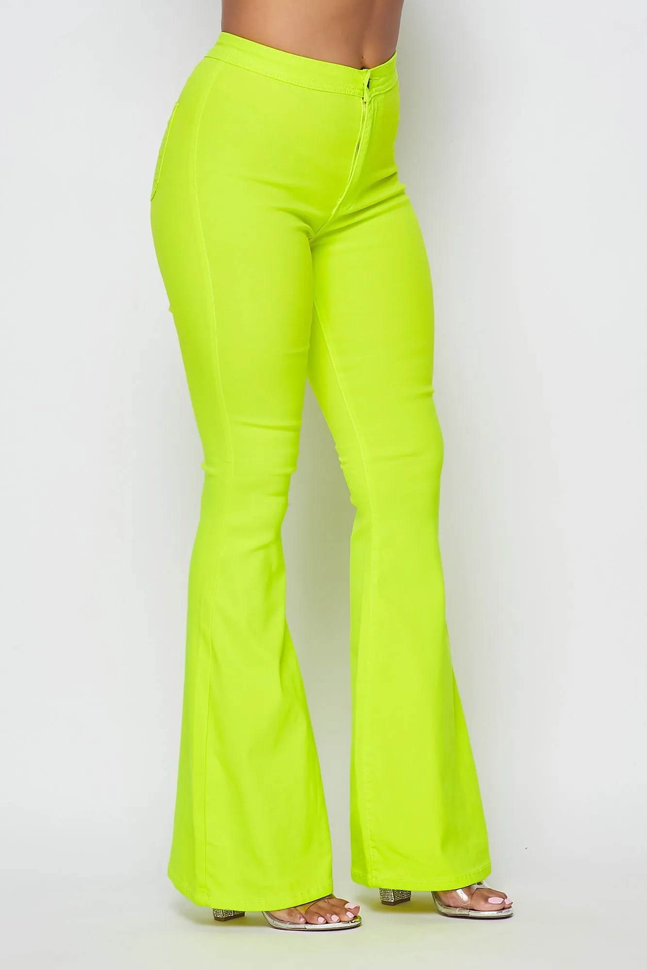 High Waisted Stretchy Bell Bottom Jeans - Neon Yellow