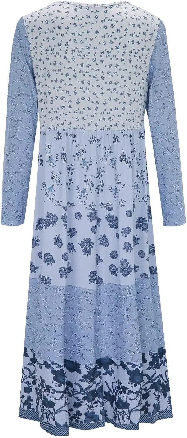 HOTYD Boho Floral Midi Dress for Women Patchwork Sleeveless Crew Neck Summer Casual Loose Flowy Tiered Dress Plus Size
