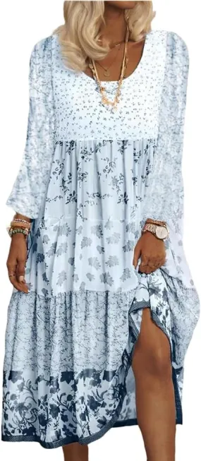 HOTYD Boho Floral Midi Dress for Women Patchwork Sleeveless Crew Neck Summer Casual Loose Flowy Tiered Dress Plus Size