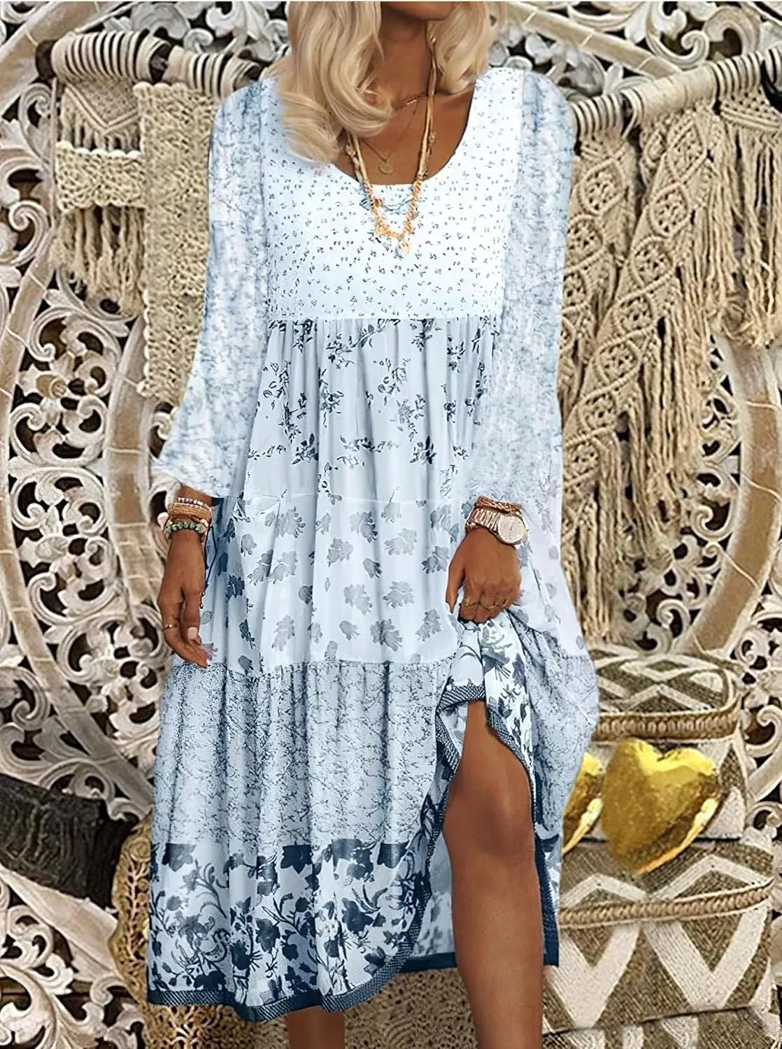 HOTYD Boho Floral Midi Dress for Women Patchwork Sleeveless Crew Neck Summer Casual Loose Flowy Tiered Dress Plus Size